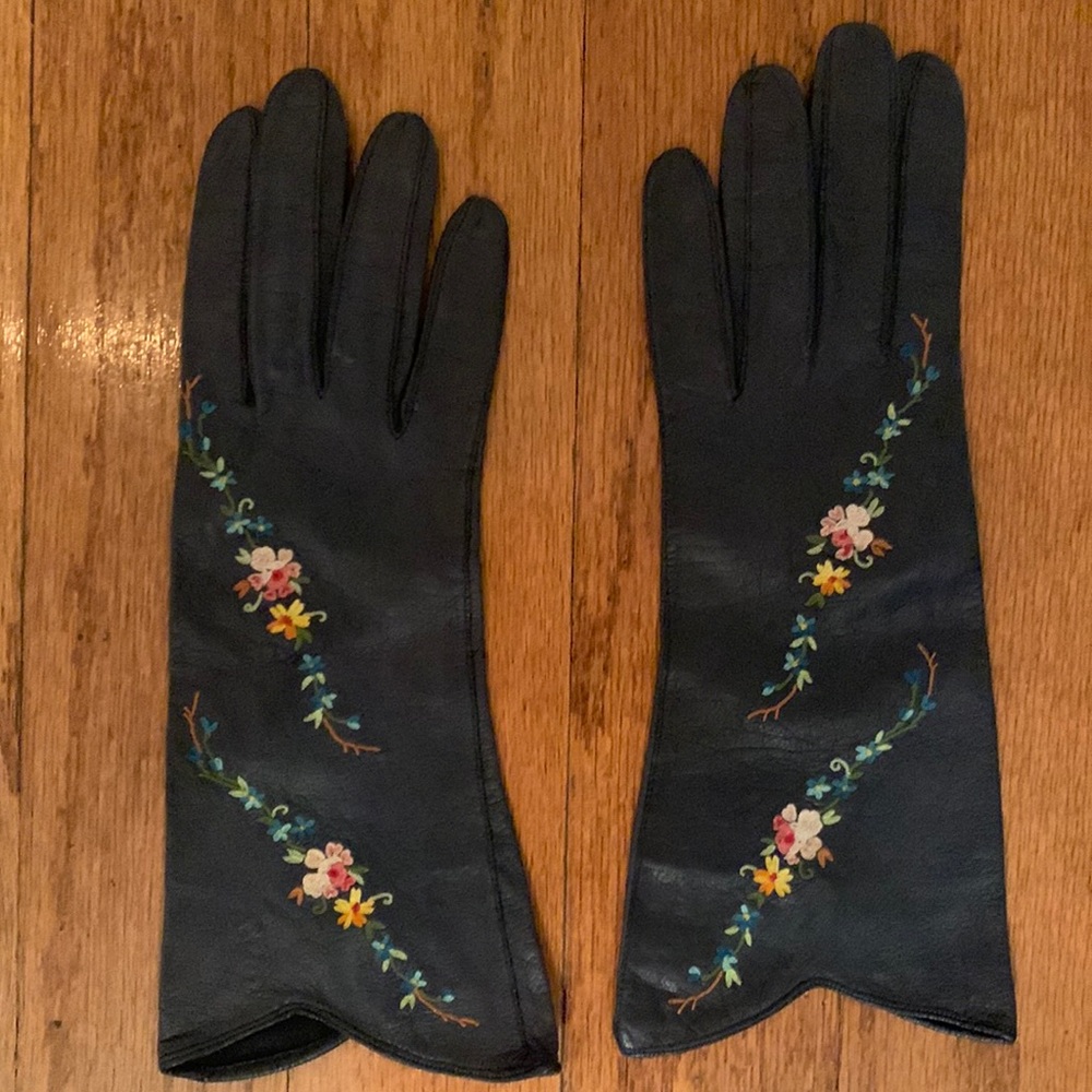 Vintage French Navy Leather Embroidered Antique Gloves